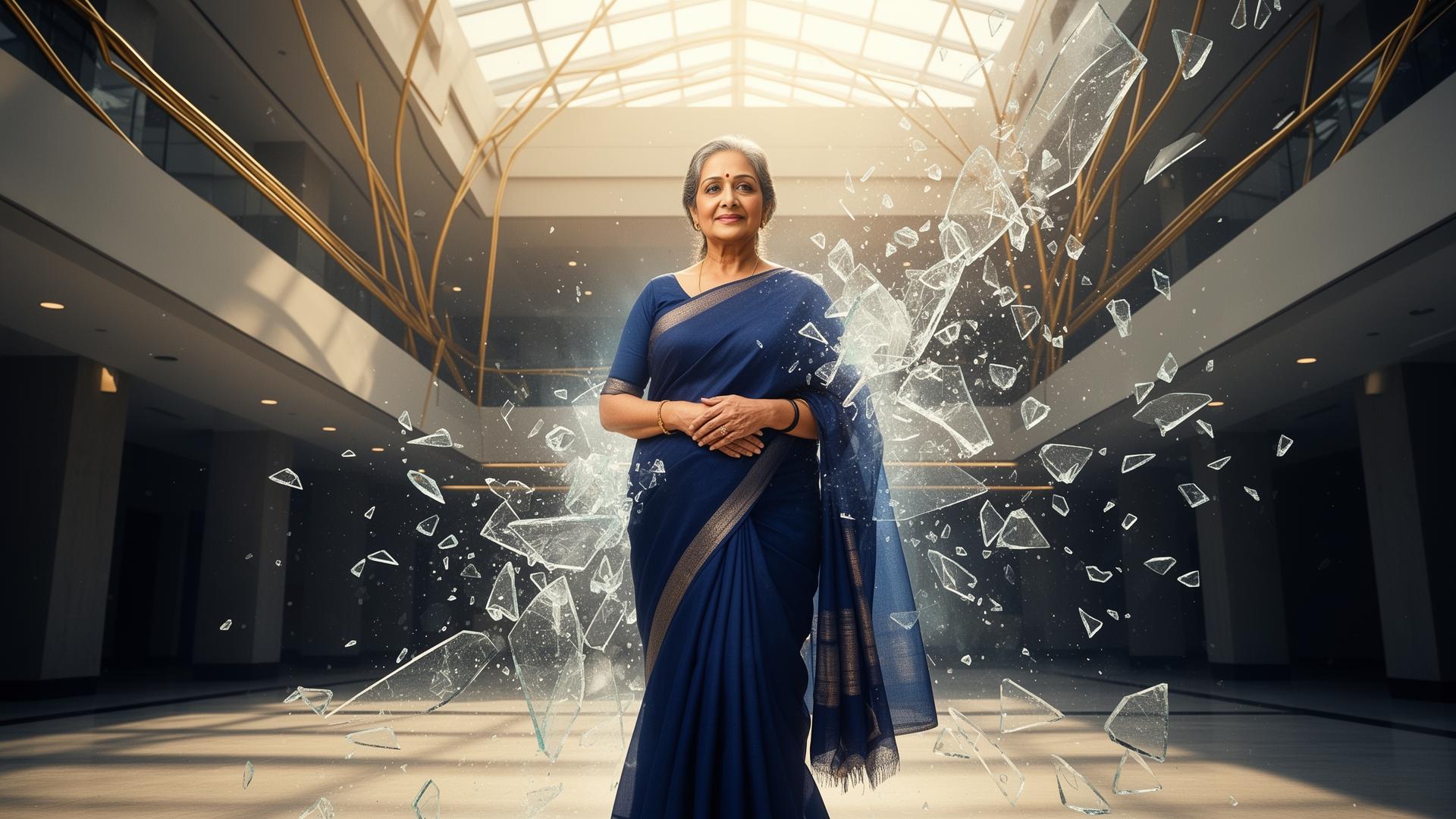 A poised midlife woman emerging from a translucent silhouette into a vibrant, empowered presence